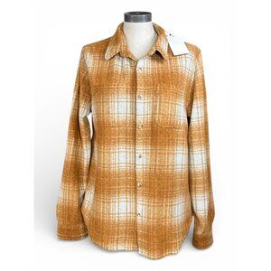 DYLAN Lumbar Sweater Shacket Top Sz M Orange Plaid Relaxed Fit Faux Fur Fleece